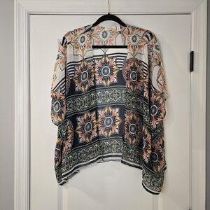 Black Bead Short Sleeve Multicolor Dimensional Shape Coverup Size Small